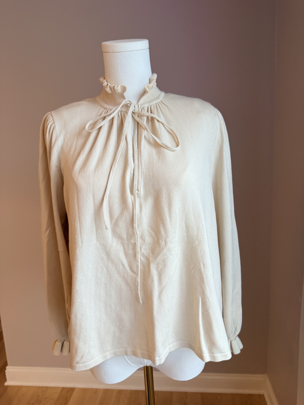 ba&sh Cream Ruffle Tie-Neck Long Sleeve Blouse